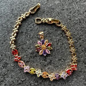 NEW SET Multicolor CZ Flower Marquis Stones Rose Gold Plated Bracelet + Pendant